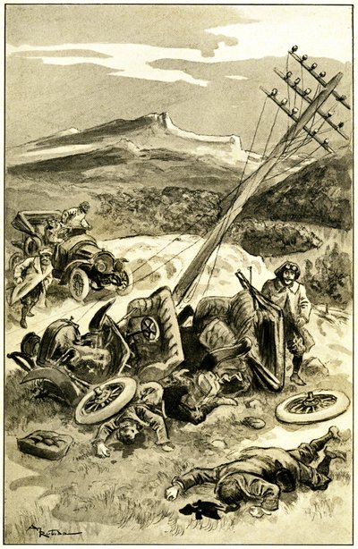 Albert Robidan (1848-1926) kuvitus Leon Berthaultin kirjalle "" Le record du tour du monde "", Mame-painos 1900-luvun alussa (1911) - liikenneonnettomuus noin 1900: auto törmäsi lennätinlinjaan. Pakolaiset matkustajat loukkaantuvat - tekijältä Albert Robida