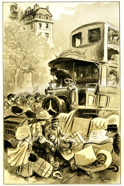 Albert Robidan (1848-1926) kuvitus Leon Berthaultin kirjaan "Le record du tour du monde", painos Mame debyytti 1900-luvulla (1911) - liikenneonnettomuus Pariisissa noin 1900: auto törmäsi omnibussiin. Kuljettaja loukkaantui - tekijältä Albert Robida