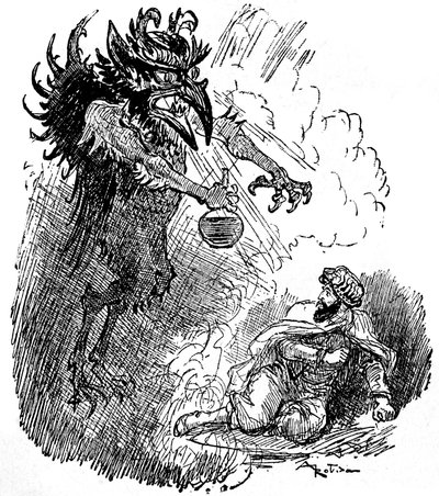 Albert Robidan (1848-1926) kuvitus arabilegendasta (1001 yötä) (Tales of the Thousand and One Nights): kamala demoni (paha henki) esittelee miehelle pullon viiniä. kaiverrus kirjasta "Choix de luennot" Armand Colin 1926. tekijältä Albert Robida