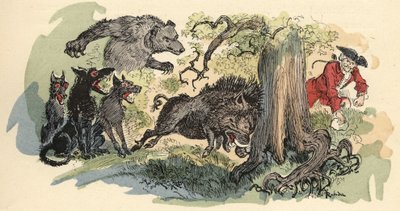 Albert Robidan kuvitus teoksessa "" Paroni de Munchausenin historia ja seikkailut"" (Munchhausen), H. Laurens, 1800-luvun loppu."" tekijältä Albert Robida