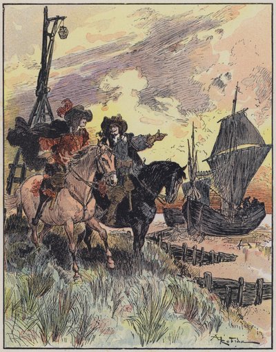 Kuvitus Le Capitaine Bellormeaulle, jonka on kuvittanut A Robida (väri litho) tekijältä Albert Robida