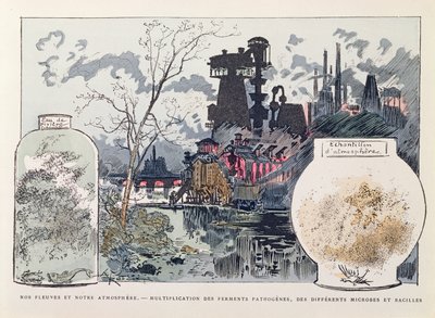 Industrial Pollution, kuvitus teoksesta "Le XXe siecle, La Vie Electrique", n. 1890 (värikaiverrus) tekijältä Albert Robida
