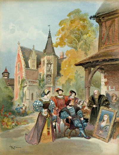 Kuningas Francois I (1494-1547) ostaa Mona Lisan Leonard de Vincille (Leonardo da Vinci) (1452-1519), lähellä Amboisen kuninkaallista linnaa vuosina 1516-1519. Kuvitus tekijältä Albert Robida