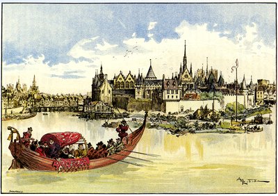 Kuningas Henrik III veneessä laskemassa Pont Neufin ensimmäistä kiveä Seinen yli Pariisissa 31. toukokuuta. tekijältä Albert Robida