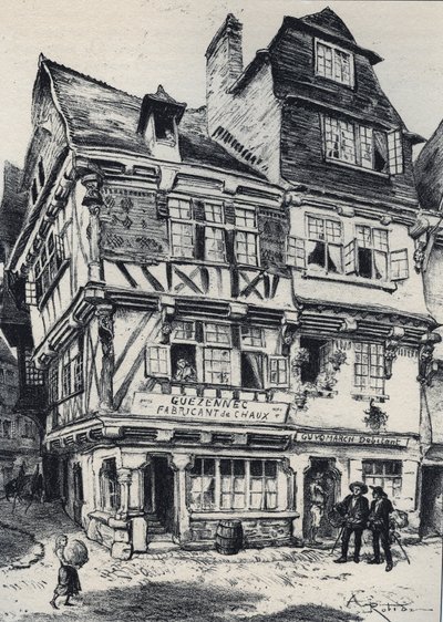 La venelle aux pastes Morlaixissa - Vanha Ranska - Bretagne - tekstiä, piirustuksia ja litografioita, Albert Robida (1848-1926) päivätty 1800-luvun lopulla tekijältä Albert Robida