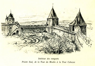 Keskiaikainen Carcassonnen kaupunki (Aude, Languedoc, Cathar Country) - Vallien sisäpuoli, eteläkärki, Moulin-tornista Cahuzacin torniin - Ulkoilmateatterin sijainti - Albert Robidan (1848-1926) romanttinen kaiverrus begissä julkaistu kirja tekijältä Albert Robida