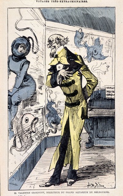 Herra Valentin Croknuff, Melbournen suuren akvaarion johtaja, Jules Vernen parodia, Robidan "" Saturnin Farandoulin erittäin poikkeukselliset matkat viiteen tai kuuteen osaan maailmaa ja kaikkiin maihin, jotka Mr. Jules Verne tuntee tai tuntee", Pariisi tekijältä Albert Robida