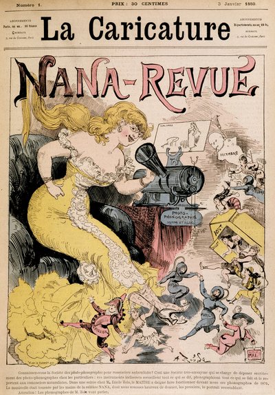 Nana-Revue: sarjakuva Zolasta ja hänen teoksestaan "" Nana", kirjoittanut Robida - elokuvassa "" La Caricature"" 1.3.1880 tekijältä Albert Robida