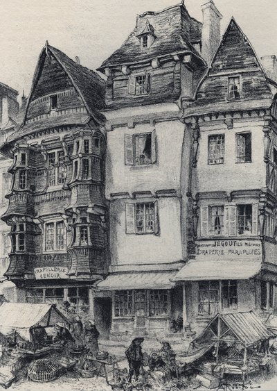 Place du marche Lannionissa - Vanha Ranska - Bretagne - tekstiä, piirustuksia ja litografioita, Albert Robida (1848-1926), päivätty 1800-luvun loppu tekijältä Albert Robida