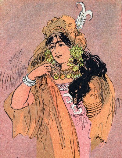Prinsessa Bradoulboudourin muotokuva (Prinsessa Badroulbadourin muotokuva) Albert Robidan (1848-1926) kuvitus tarinaan "Aladin ja ihana lamppu" teoksessa "" les mille et une nuits"" (Kuva tarinalle "" Aladdin"" vuonna "" One Thon kirja tekijältä Albert Robida