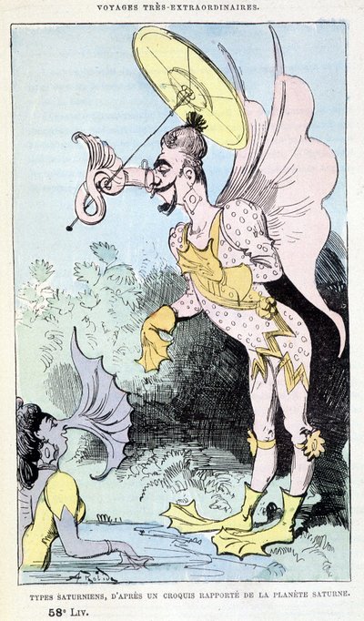 Saturnuksen tyyppejä raportoidusta Saturnuksen luonnoksesta (pseudoantropologiset groteskit hirviöt), Jules Vernen parodia, "" Saturnin Farandoulin erittäin poikkeukselliset matkat 5 tai 6 osassa maailmaa ja kaikissa M:n tuntemissa tai tuntemattomissa mais tekijältä Albert Robida
