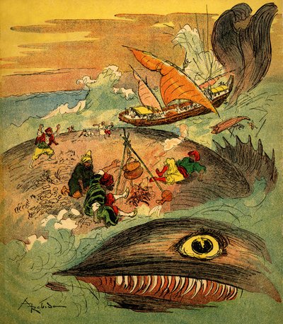 Sindbad merimies (Sinbad) - tarina tuhannesta ja yhdestä yöstä (1001) - kirja vuodelta 1948, joka kertoo hänen seikkailuistaan (Fortin-painos, Wonderful Imaging of Lapsuuden kokoelma) - Albert Robidan (1848 - 1926) kuvitus: Sindbad ja hänen toverinsa ovat  tekijältä Albert Robida
