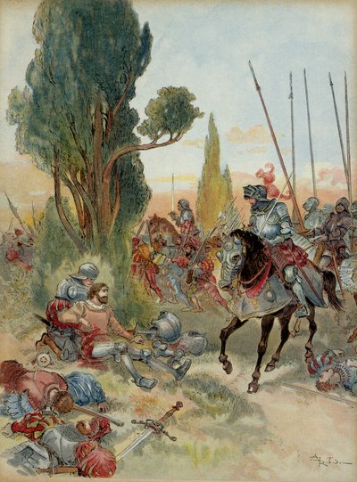 Kuudes Italian sota (1521-1526): Pierre Terrail de Bayardin (1476-1524) kuolema Rebecissä (Italia) vuonna 1524, Bourbonista kotoisin oleva Charles de Montpensier (1490-1527) kohtasi hänet. . Kuva tekijältä Albert Robida