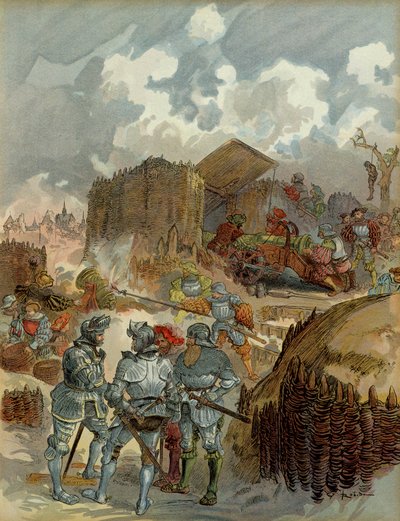 Kuudes Italian sota (1521-1526): Pierre Terrail de Bayard (1476-1524) Mezieresin päämajassa vuonna 1521. Kuva tekijältä Albert Robida