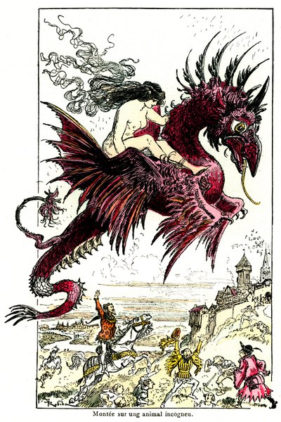 Succubus: naisdemoni (nainen - nainen) ratsastaa lohikäärmeellä - Albert Robidan kuvitus Honore de Balzacin Drolatic Tales -sarjaan - 1900-luvun alku tekijältä Albert Robida