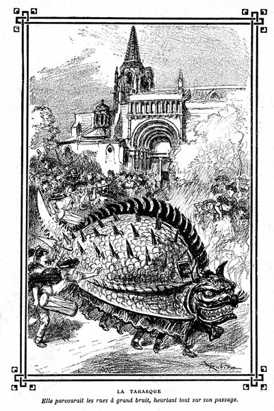 Tarasconin taraski, upea Provencen kansanperinteen hirviö: Albert Robidan kuvitus A Mironneaun koulukirjasta "Choice of readings", Librairie Armand Colin 1911 - tekijältä Albert Robida