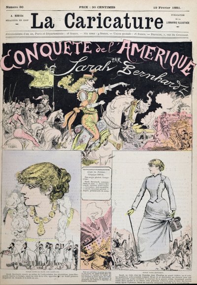 "The Conquest of America by Sarah Bernhardt", sarjakuva "La Caricature" -lehdestä tekijältä Albert Robida