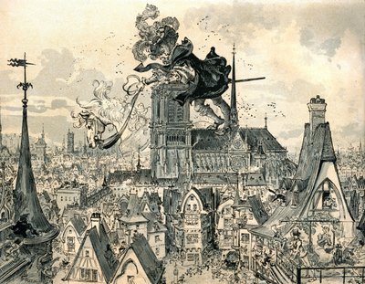 Giant Gargantua hyppää hevosestaan tekijältä Albert Robida