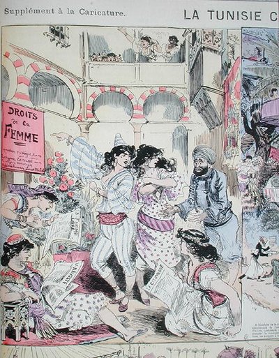 "Naisten oikeudet" Tunisiassa, sarjakuva elokuvasta "Le Caricature" 1883 (värilitho) tekijältä Albert Robida