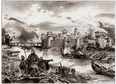 Viikingit, normannimerirosvot, jotka johtajansa Siegfriedin johdolla piirittävät Pariisia (kaiverrus). tekijältä Albert Robida