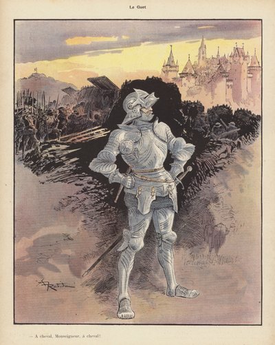 Kello; sotilas haarniskassa katsomassa kaupungin piiritystä (väri litho) tekijältä Albert Robida