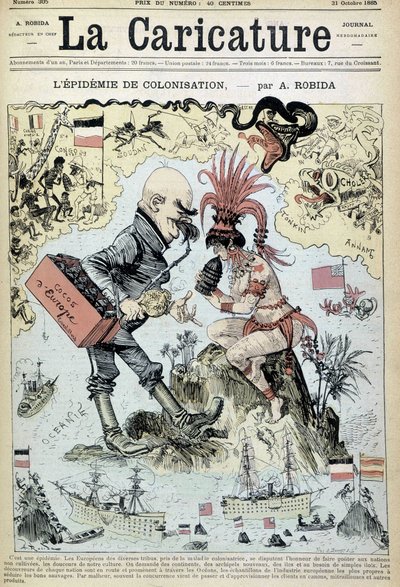 Kolonisaatioepidemia: Robidan antikolonialistinen piirros - "" La Caricature" -kirjassa 31.10.1885 tekijältä Albert Robida