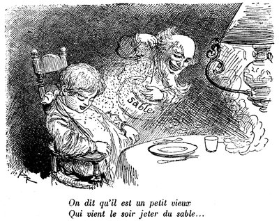Hiekkakauppias on ohi! Lapsi nukkuu syömisen jälkeen. Nukkua. ”” Sanotaan, että hän on pieni vanha mies, joka tulee öisin heittämään hiekkaa...” Albert Robidan (1848-1926) piirros lasten lukukirjassa 1920-1930. tekijältä Albert Robida