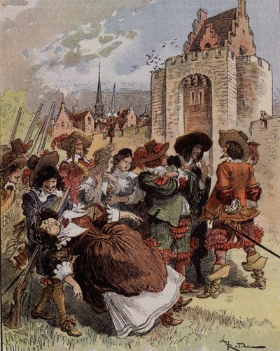 Kapteeni Bellormeaun ujous - "" Madame de Malicorne putosi kersantin syliin"". Hahmo Albert Robidan kirjasta. Kansi "" Pieni ranskalainen kuvitettu"" 20.1.1900. tekijältä Albert Robida