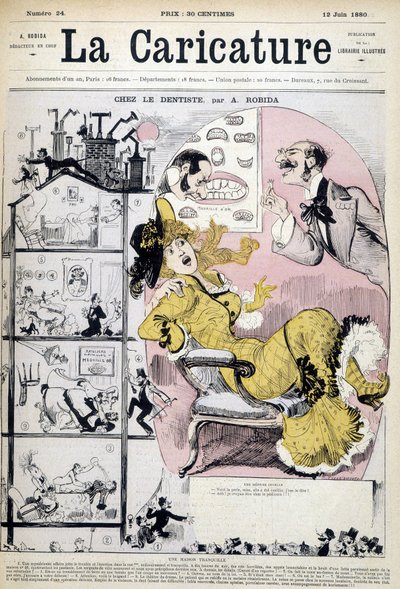 Nainen hammaslääkärissä - kirjoittanut Robida, "" La caricature""" 6.12.1880. tekijältä Albert Robida