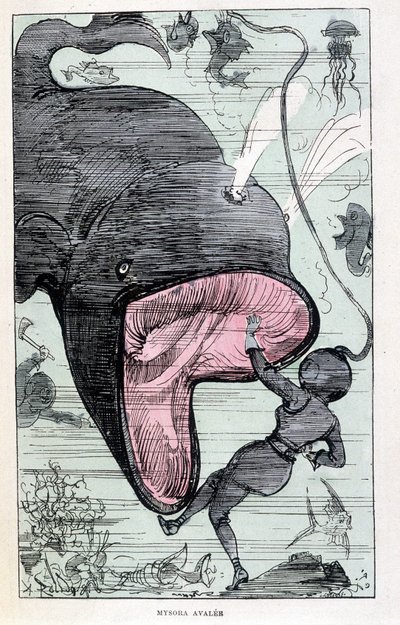 Valas niellyt nainen skaphandlerissa, parodia Jules Vernesta, "" Saturnin Farandoulin erittäin poikkeukselliset matkat 5 tai 6 osassa maailmaa ja kaikissa M. Jules Vernen tuntemissa tai tuntemattomissa maissa", Robida, Paris tekijältä Albert Robida