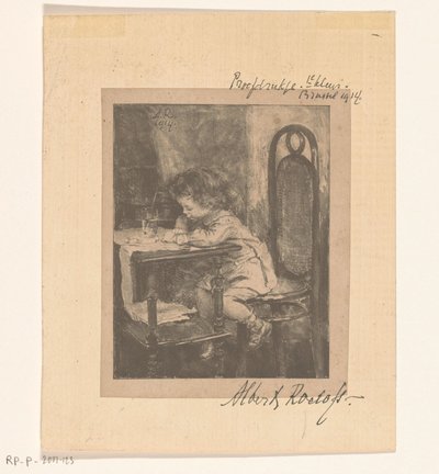 Tyttö istuu pöydän ääressä piirustus tekijältä Albert Roelofs (signed by artist)