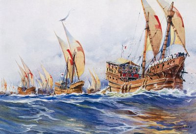 Kuningas Ludvig IX:n ranskalaisia aluksia kahdeksannen ristiretken aikana vuonna 1268, Albert Sebillen (1874-1953) akvarelli. tekijältä Albert Sébille