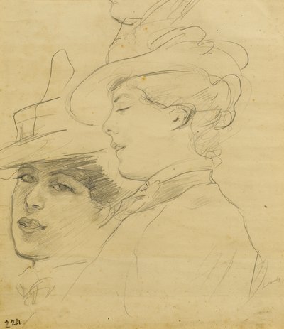 Naisen pää, jolla on koristeltu hattu, profiili ja kolme neljäsosaa, n. 1900 (lyijykynä vaaleanruskealle paperille) tekijältä Albert de Belleroche