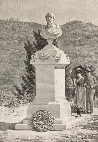 Paolo Giacomettin (1816-1882) muistomerkki Staglienon hautausmaalla, Genova, Italia, kaiverrus Alberto della Vallen piirroksesta, L