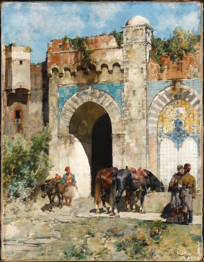 Hevosten juottaminen, 1880 tekijältä Alberto Pasini