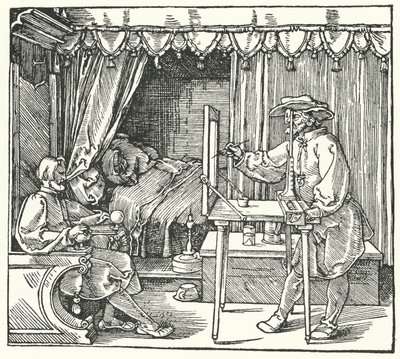 Menetelmä mittakaavakuvan tuottamiseksi merkitsemällä esineen ääriviivat lasilevylle (kaiverrus) tekijältä Albrecht (after) Durer or Duerer
