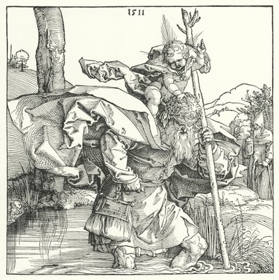 Pyhä Christopher kantaa vauva-Kristusta (kaiverrus) tekijältä Albrecht (after) Durer or Duerer