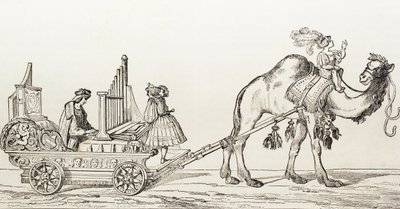 Urkuri Paul Hoffaner soittamassa kamelin piirtämissä vaunuissa, n. 1880 (kaiverrus) tekijältä Albrecht (after) Durer or Duerer