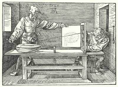 Kielten käyttö luutun perspektiivikuvan rakentamiseen (kaiverrus) tekijältä Albrecht (after) Durer or Duerer