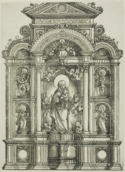 Alttaritaulu, jossa on Regensburgin kaunis Neitsyt ja pyhät Kristoffer, Maria Magdaleena, Florian ja Katariina seisovat kuiluissa, yläpuolella Jumala Isä. tekijältä Albrecht Altdorfer