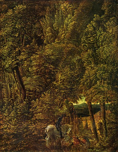 Puinen maaseutu, jossa Saint George taistelee lohikäärmettä vastaan tekijältä Albrecht Altdorfer