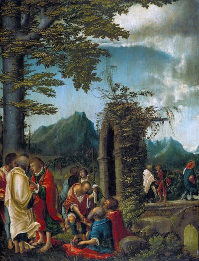 Saksa: Der Abschied der Apostel in waldiger Landschaft Apostolien ehtoollinen / Apostolit metsäisessä maisemassa. tekijältä Albrecht Altdorfer