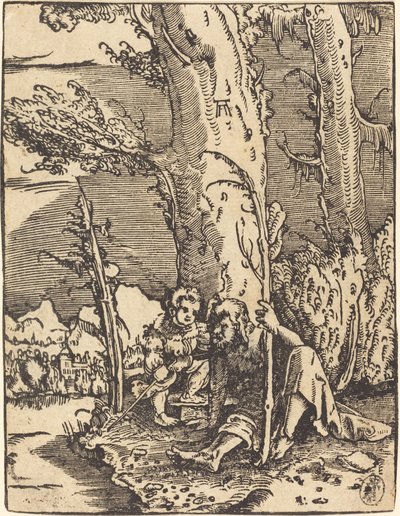 Pyhä Christopher istuu joen rannalla tekijältä Albrecht Altdorfer