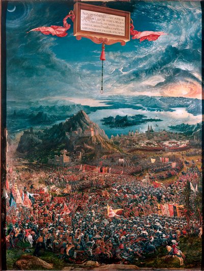 Aleksanteri Suuren voitti Issoksen (tai Issoksen) taistelun vuonna 333 eKr. Albrecht Altdorferin (1480-1538) maalaus 1529, koko 158x120 cm München, Alte Pinakothek - Issoksen taistelu (333 eKr.) - Albrecht Altdorferin maalaus (18 eKr.) 1538), öljy puulle tekijältä Albrecht Altdorfer