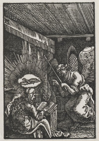 Ihmisen lankeemus ja lunastus: Ilmoitus, n. 1513. tekijältä Albrecht Altdorfer