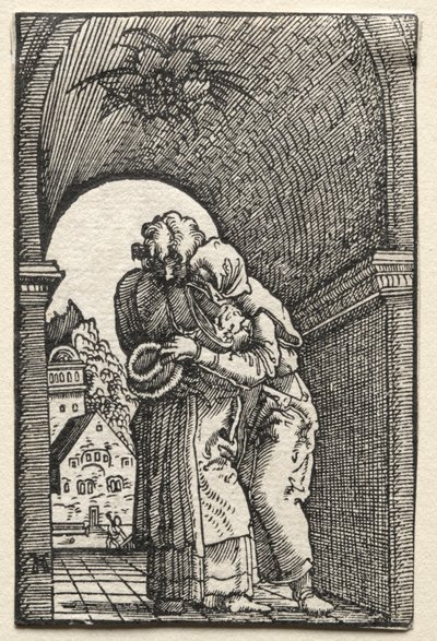 Ihmisen lankeemus ja lunastus: Joachimin ja Annen syleily Kultaisella portilla, 1515. tekijältä Albrecht Altdorfer