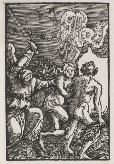 Ihmisen lankeemus ja lunastus: Karkotus Eedenistä, n. 1515. tekijältä Albrecht Altdorfer