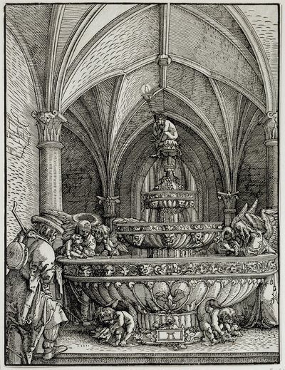 Pyhällä perheellä on lähde. Kaiverrus saksalaiselta Albrecht Altdorferilta (1480-1538). Louvren taidemuseo tekijältä Albrecht Altdorfer