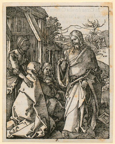 Kristuksen jäähyväiset äidilleen, lehti 8 sarjasta "Pieni puupiirrospassio" tekijältä Albrecht Dürer