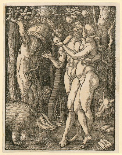 Aadam ja Eeva, lehti 2 sarjasta "Pieni puupiirrospassio" tekijältä Albrecht Dürer